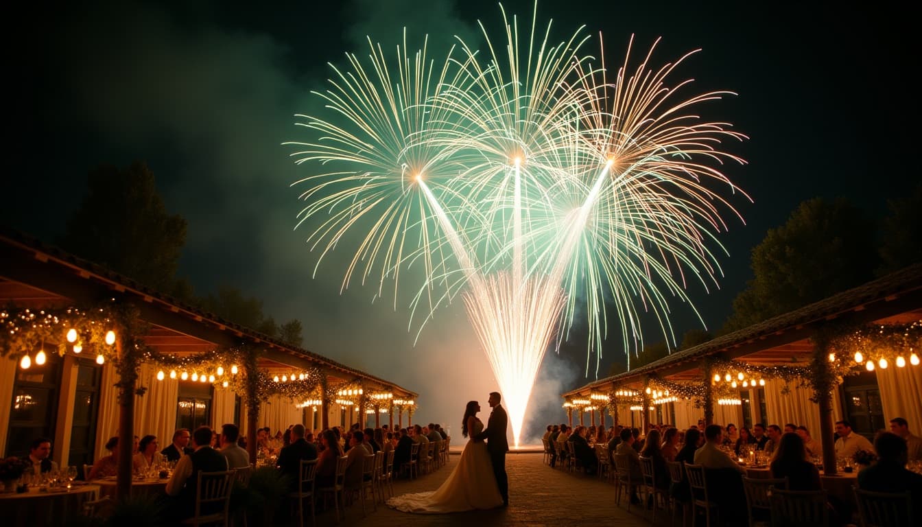 Fireworks finale over an outdoor wedding reception at night